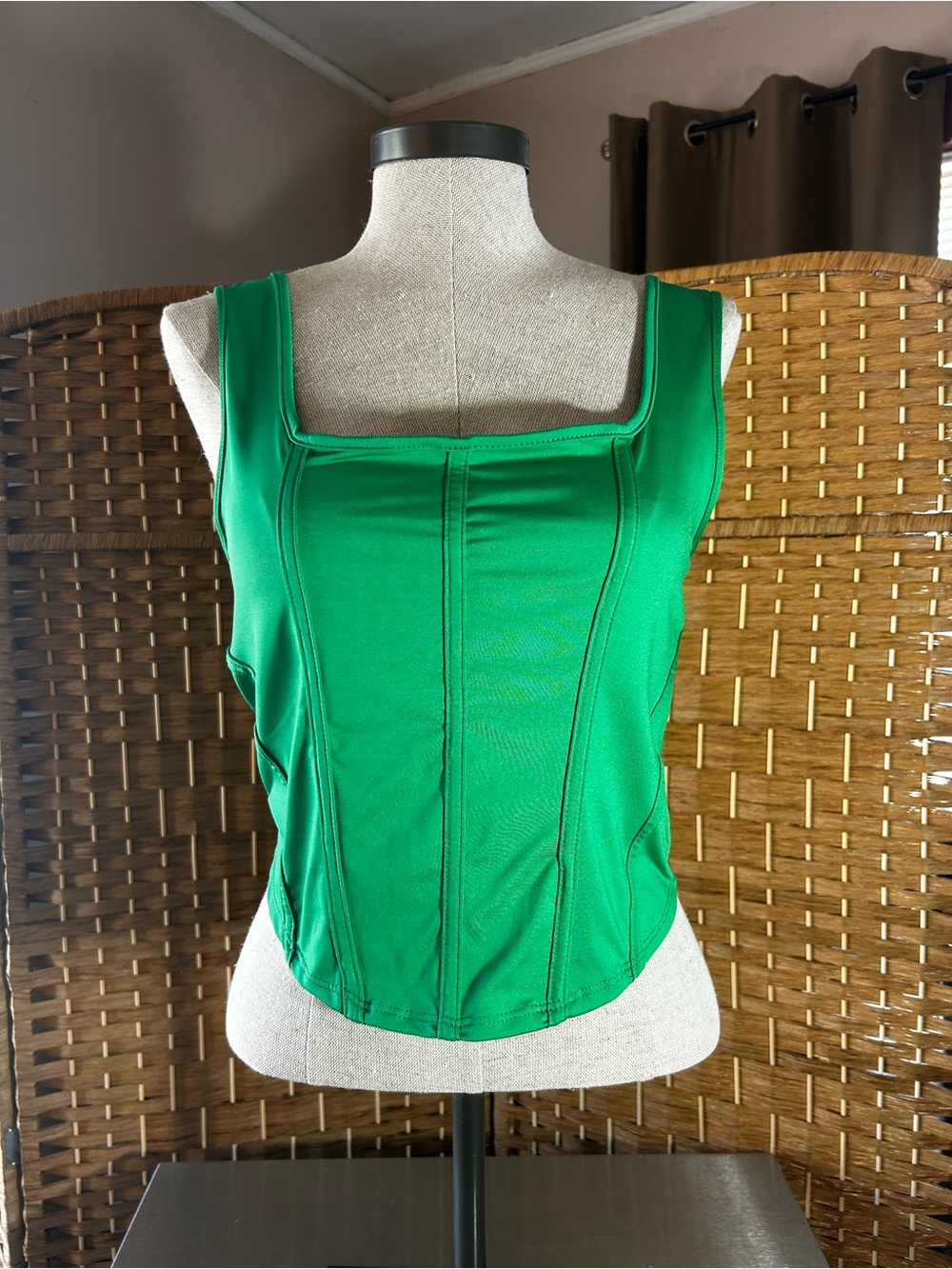 21 Saints Green Corset Seam Tank Top XL Square Neck Y2K Bodycon